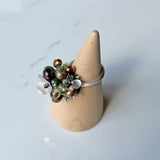 Orchard Ring, Silver Band, Multicolor Gemstone Clusters with Silver Flower Decorations for Party and Fun.