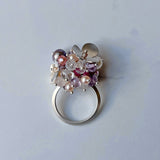 Orchard Ring, Silver Band, Multicolor Gemstone Clusters with Silver Flower Decorations for Party and Fun.