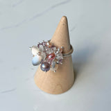 Orchard Ring, Silver Band, Multicolor Gemstone Clusters with Silver Flower Decorations for Party and Fun.