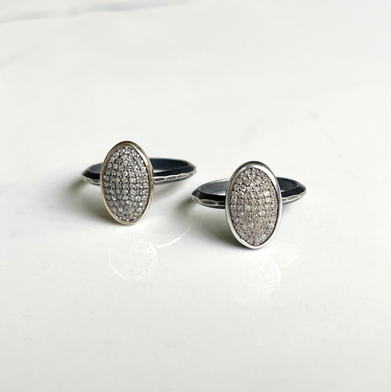 Pavé Diamond Ring, Oval Pavé Diamond, Heavy Hammered Oxidized Sterling Silver Band.