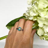 Oyster Copper Turquoise Ring, 8mm Round Cabochon Stone in Simple Silver Setting, on Oxidized Sterling Silver band with Twisted Details.