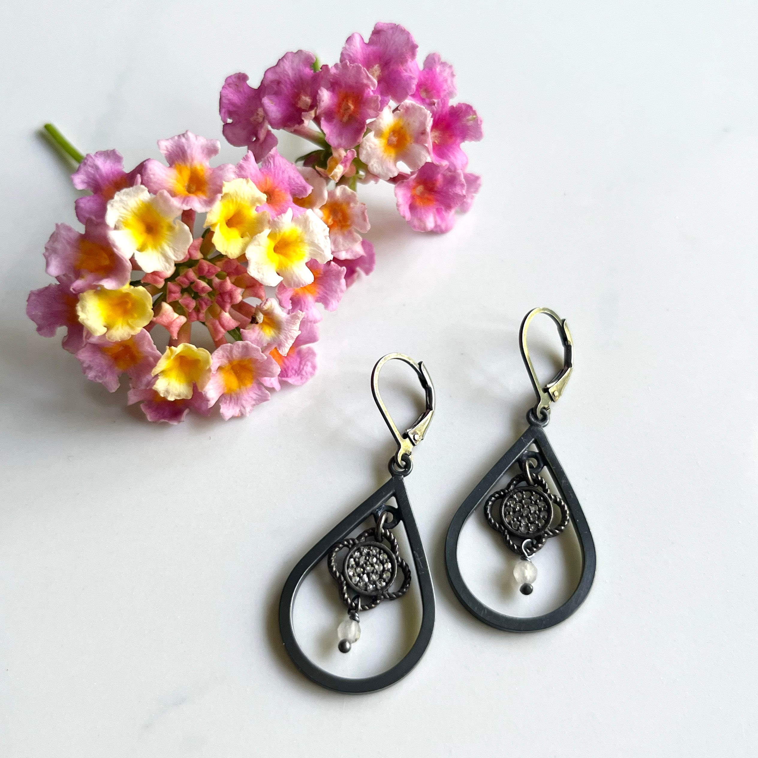 Pavé Diamond Earrings - Short Dangles - Pavé Diamond Charms set into Oxidized Sterling Silver, for Everyday Bling