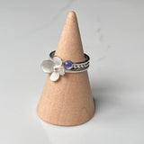 Petal Ring set of Three, Satin Sterling Silver Flower, Skinny Beaded Band, and 4mm Tanzanite Ring for All Year Long.