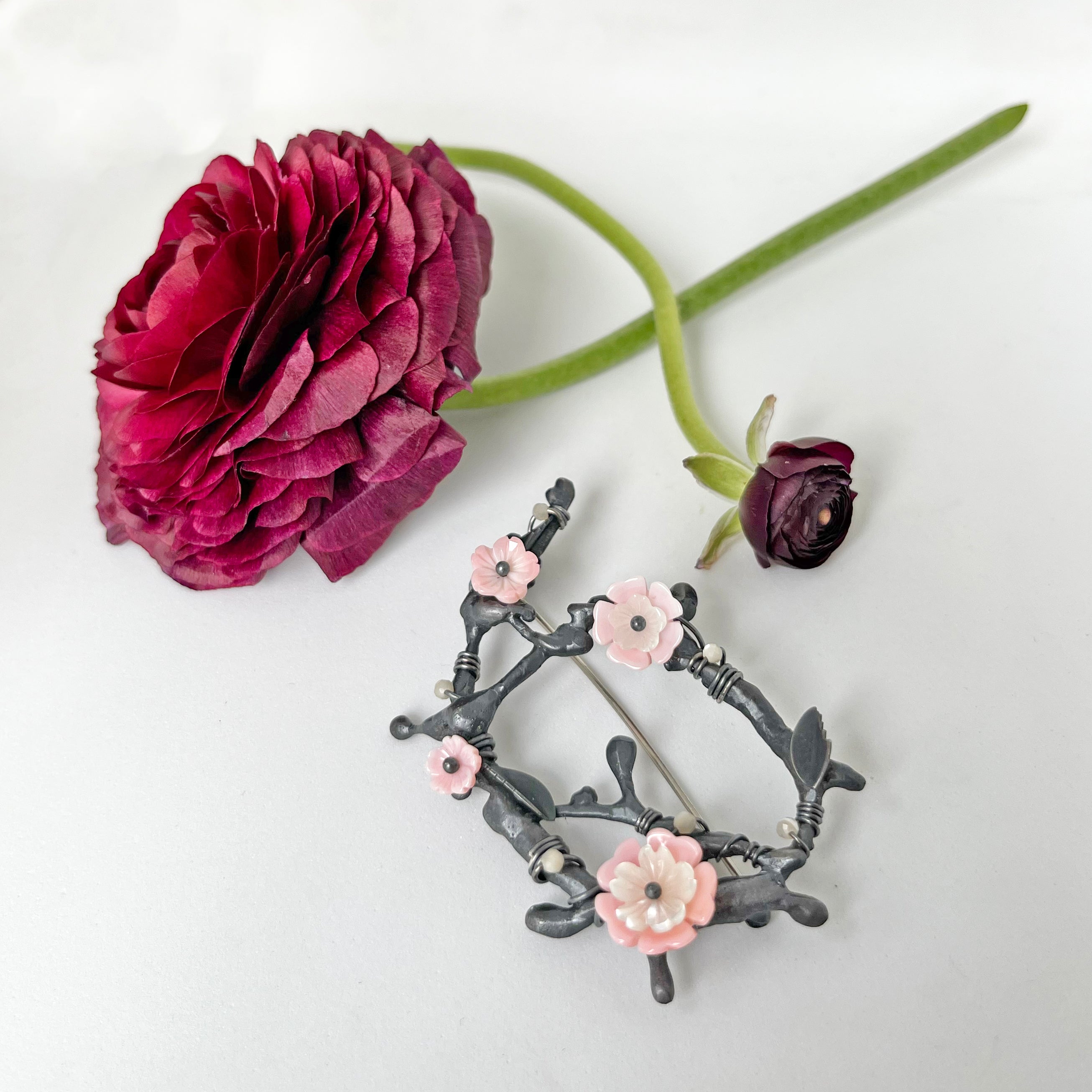 Sakura brooch, One of a kind, Oxidized Sterling Silver Branches Embellished with Mother Of Pearl Flowers in Pink and White.