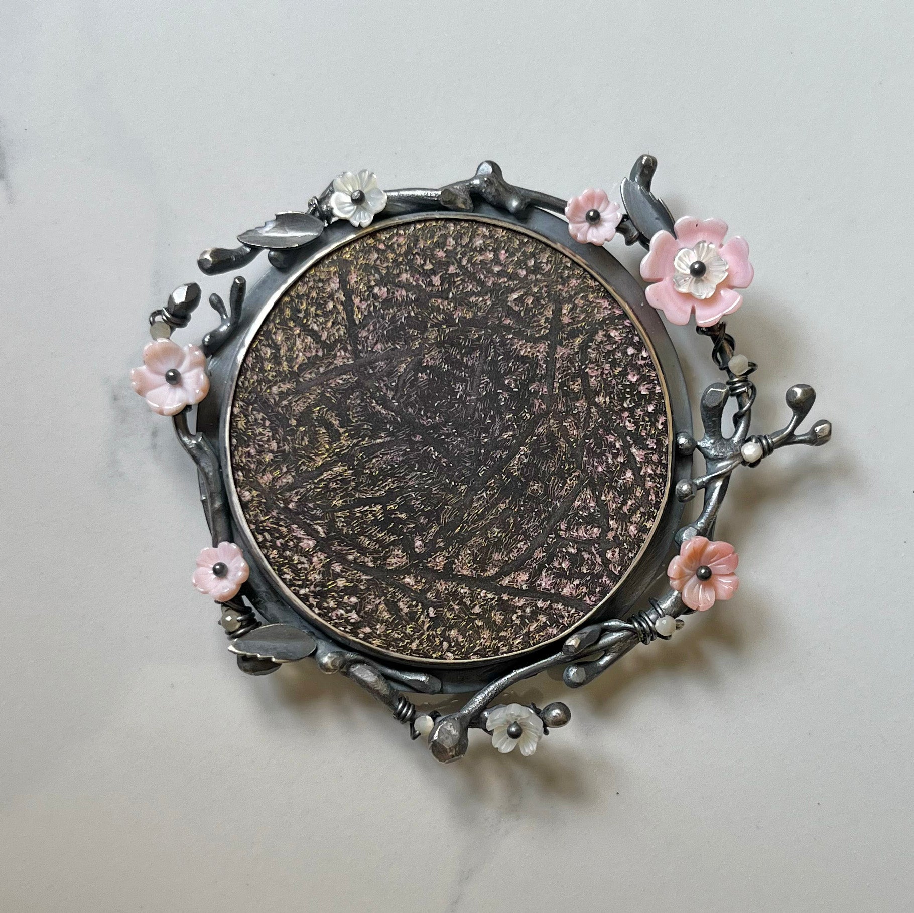 Purple Anemone Necklace, One of a Kind Scratch Art Panel Set into Sterling Silver Frame with Hand Stitched Amethyst Embelishment (Copy)