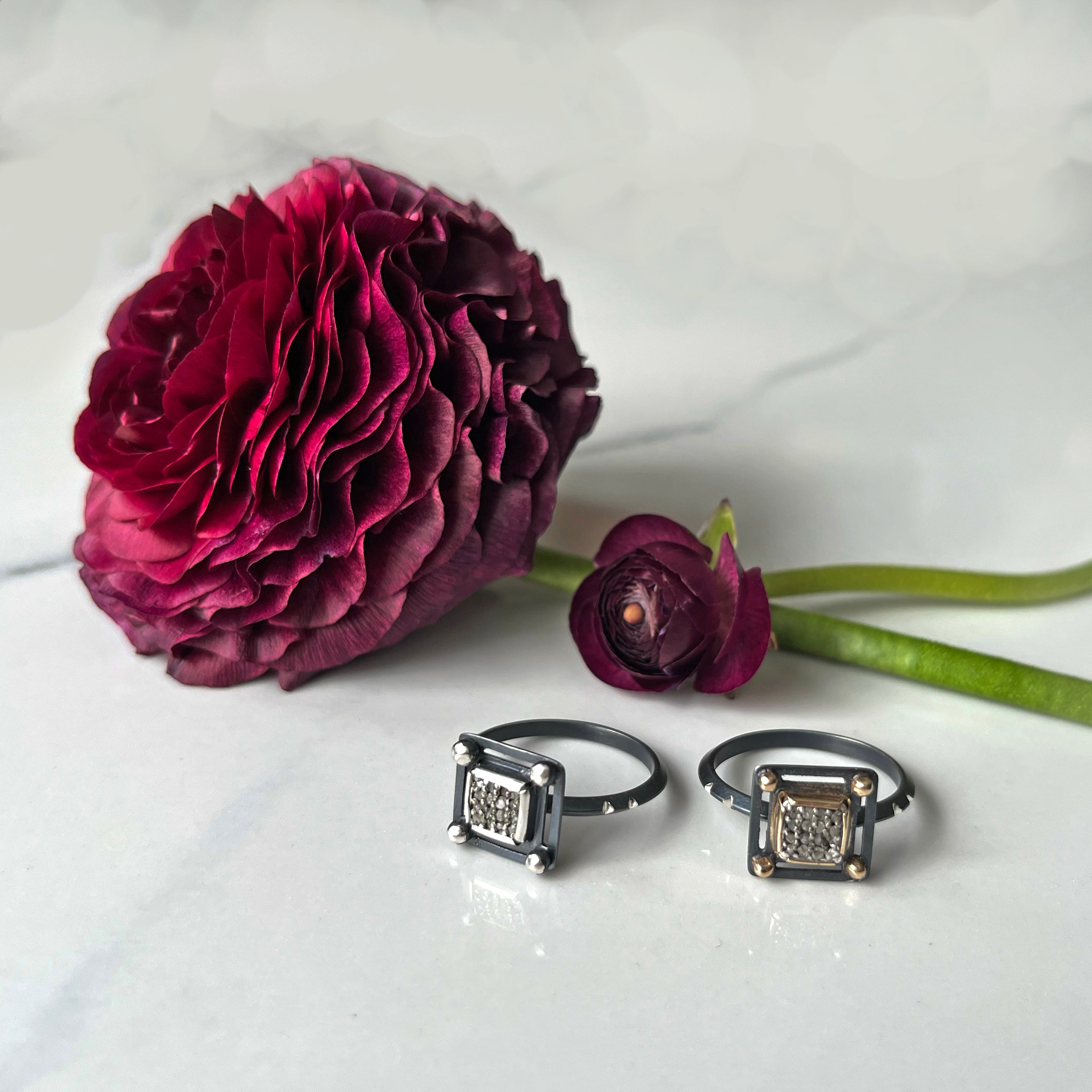 Pavé Diamond Ring, Square, 6mm Pavé Diamond, 14k Gold Bezel, Stackable with Other Straight Bands.