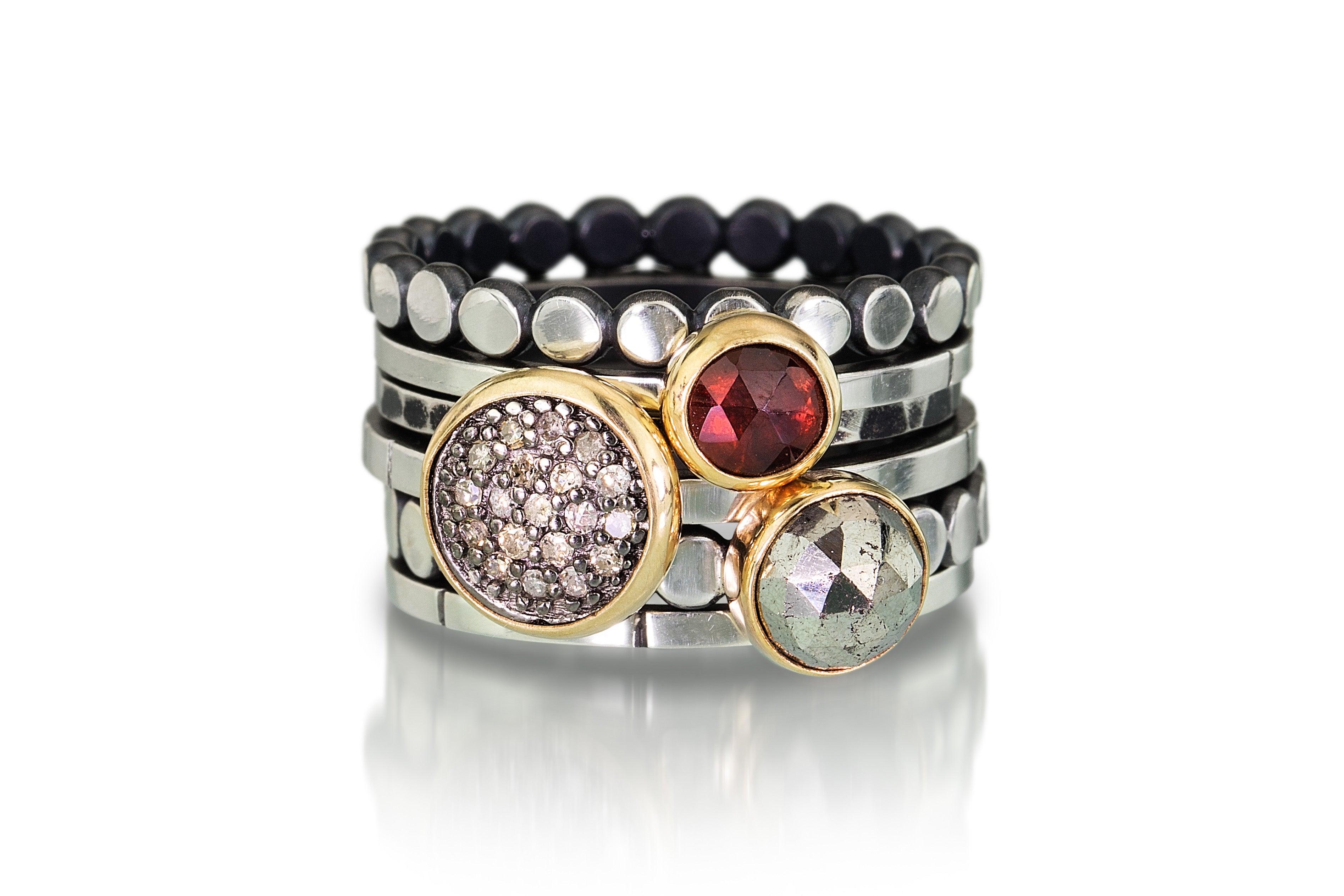 pave diamond stacking rings - 14k bezels 8mm pave, pyrite and garnet