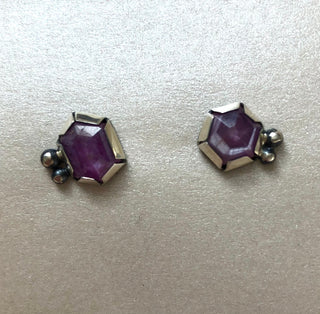 ruby hexagon earrings - oxidized sterling silver
