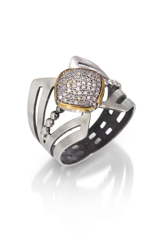 Chrysler ring - square pave with 22k bezel oxidized silver band