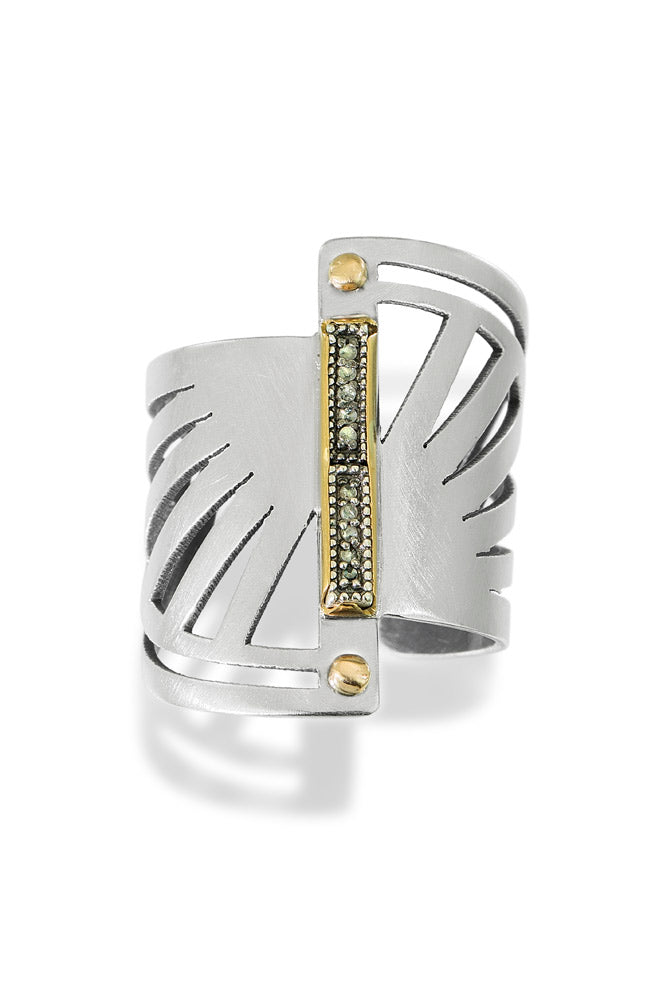 Éventail ring - skinny bar pave with 22k bezel and 14k beads oxidized silver band