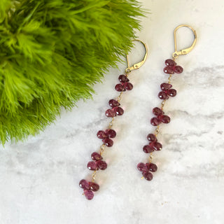 petal chain drops earrings - garnet briolettes with gold filled lever backs