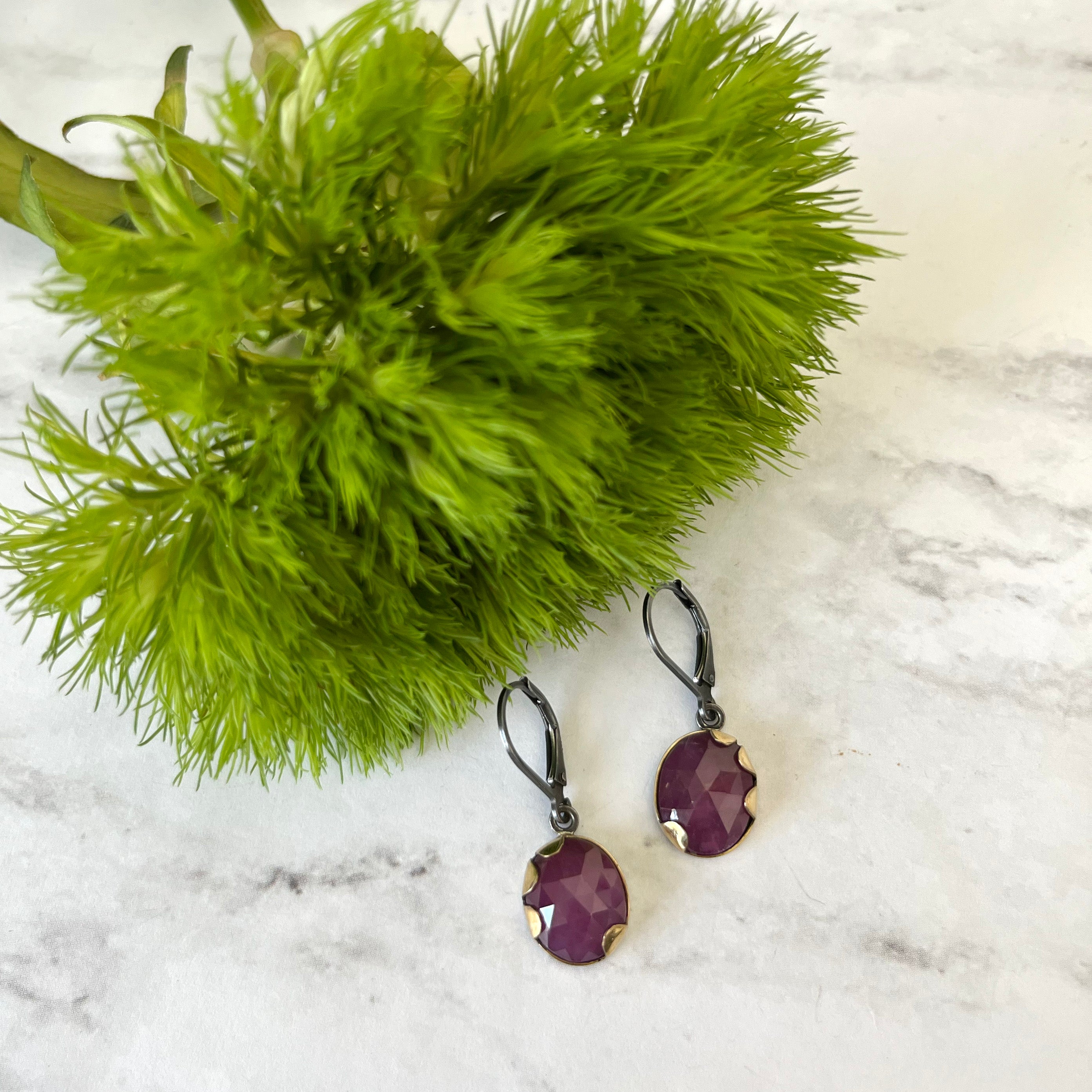 pink sapphire earrings - pink - 18k gold, oxidized sterling silver