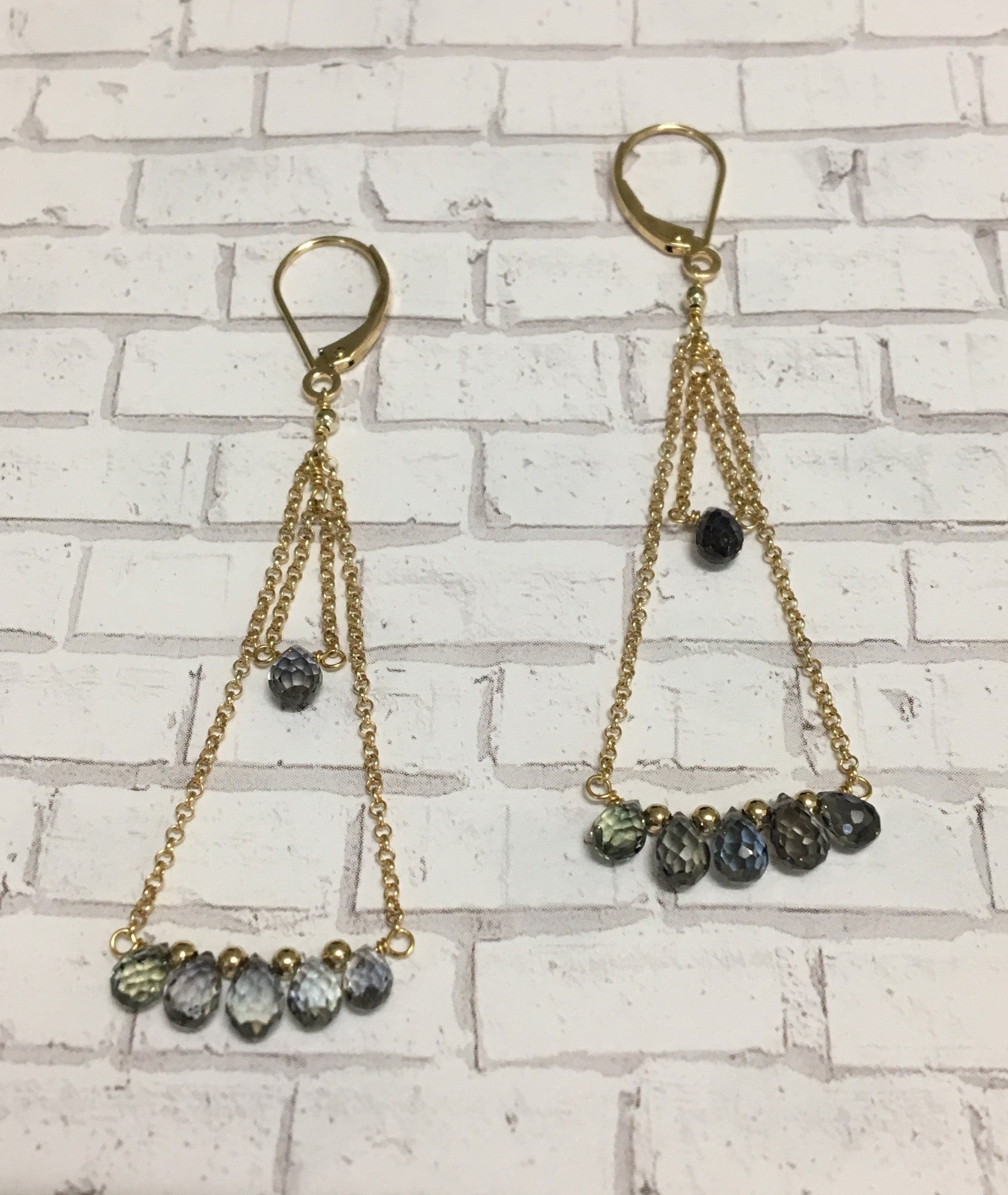 chain earrings - green sapphire briolettes with 14k yellow gold chain and lever backs