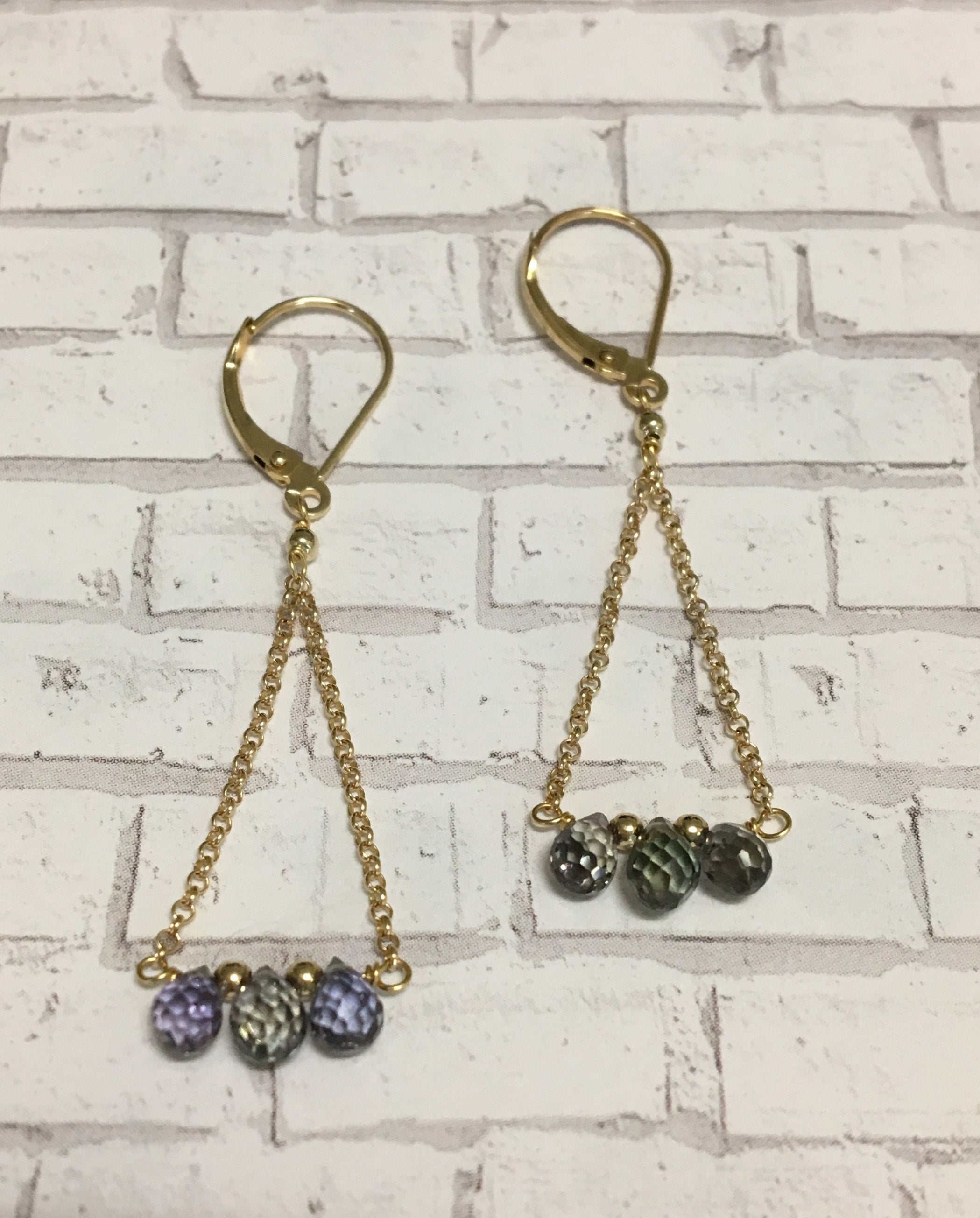 chain earrings - green sapphire briolettes with 14k yellow gold chain and lever backs