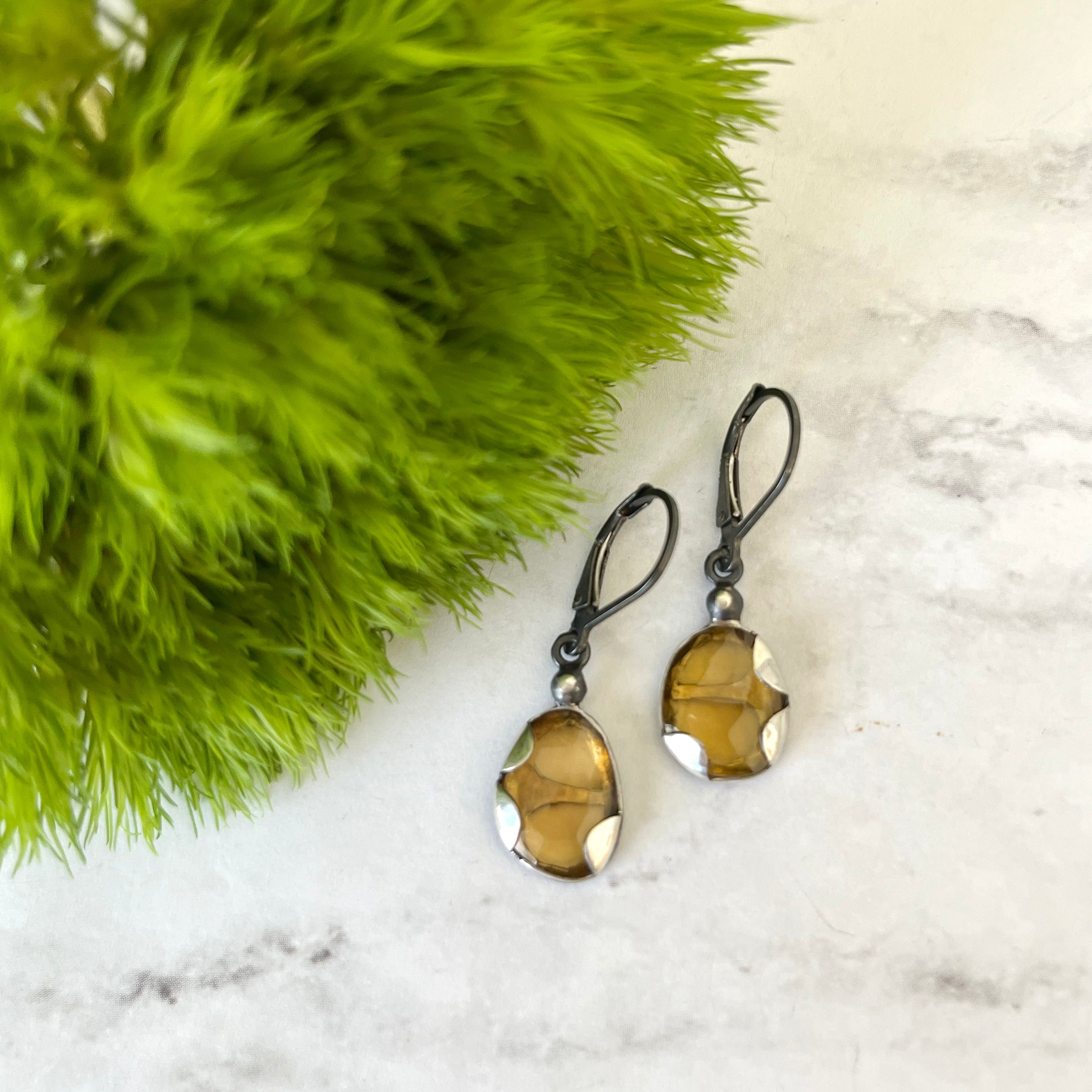 tourmaline/opal drop earrings - yellow - oxidized sterling silver